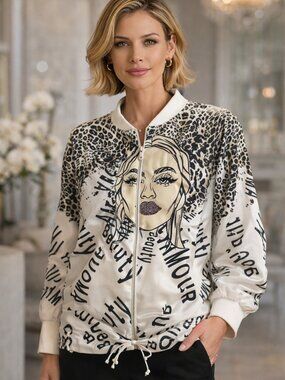 261657 White Cheetah Printed DECO Jacket with Drawstring by FRANK LYMAN